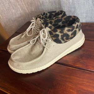 Hey Dude Women’s grey + cheetah slip-ons